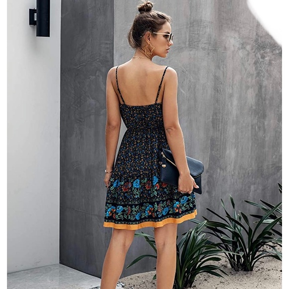 Blue spaghetti strap floral boho summer dress - Picture 2 of 6